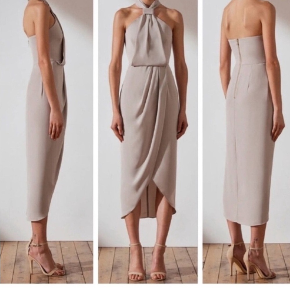 Shona Joy Midi Dress Core Knot Draped Halter Dress Oyster Drape size 8 fits 6